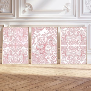 Pink Line Art Print Set: Hearts, Botanical Gallery Wall Art