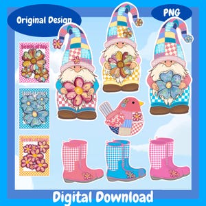 May include: Digital download featuring colorful gnome illustrations holding flowers, a patchwork bird, and rain boots. The design includes text that reads "Original Design" and "Digital Download". The color palette includes pink, blue, yellow, and green.
