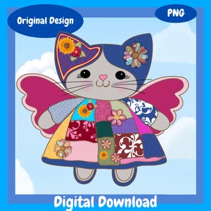 Patchwork katt quiltad ängel kattunge PNG original design clipart kommersiellt bruk