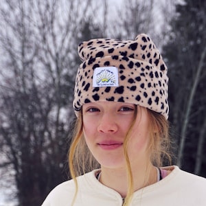 New! Simple Boho Cheetah "Box Top" Fleece BeanieHandmade By Mountain Madcaps For Skiing Snowboarding and Après Ski