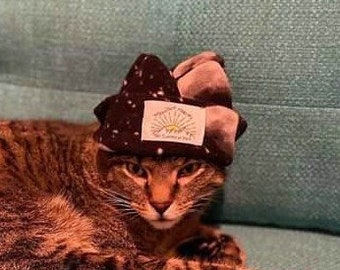 New! "MADCAT" Custom Cat Hat with Elastic Strap Moon / Stellar Print Cozy Fleece Beanie for Pets By Mountain Madcaps