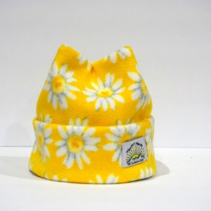 Yellow and White Daisy / Flower Print Super Cozy and Soft Retro Fleece 4 Point Beanie Handmade By Mountain Madcaps