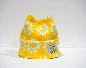 Yellow and White Daisy / Flower Print Super Cozy and Soft Retro Fleece 4 Point Beanie Handmade By Mountain Madcaps