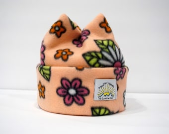 New Spring Style! Flower / Floral Super Cozy and Soft Retro Fleece 4 Point Beanie By Mountain Madcaps
