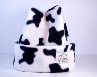 Cow Print Super Cozy and Soft Retro Fleece 4 Point Beanie Perfect for Skiing Snowboarding and Camping By Mountain Madcaps