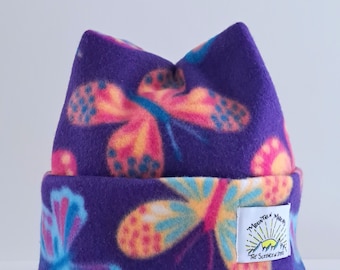 Purple Butterflies Super Cozy and Soft Retro camping Fleece 4 Point Beanie By Mountain Madcaps