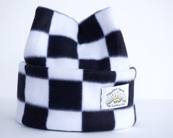 Steezy Checker Print Super Cozy and Soft Retro Fleece 4 Point Beanie Handmade By Mountain Madcaps
