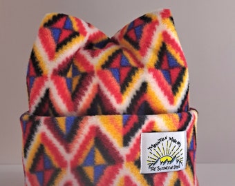 Aztec Print Super Cozy and Soft Retro Fleece 4 Point Beanie Handmade By Mountain Madcaps