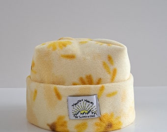 Yellow Flower Print Super Cozy and Soft Retro Fleece 4 Point Beanie Handmade By Mountain Madcaps