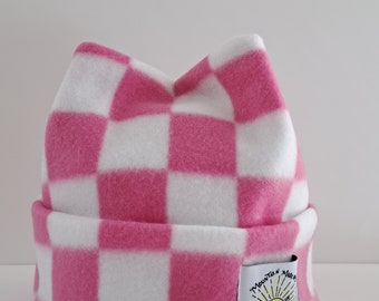 Pink and white checkers Print Super Cozy and Soft Retro Fleece 4 Point Beanie Handmade By Mountain Madcaps