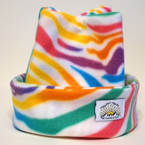 Colorful Rainbow Zebra / Animal Print Cozy Handmade Four Point Fleece Beanie by Mountain Madcaps