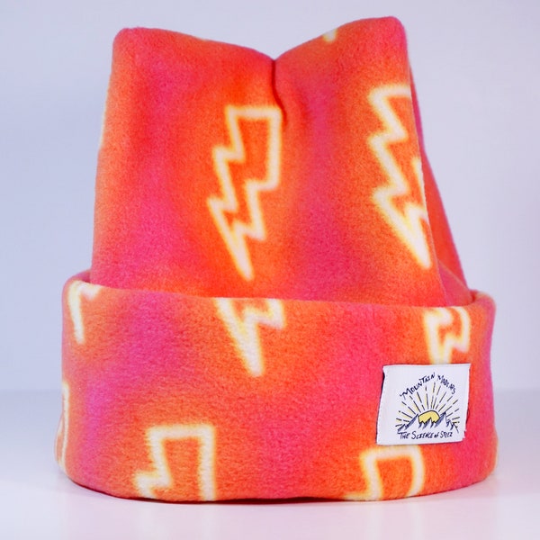 Orange and Yellow Lightning Print Super Cozy and Soft Retro Fleece 4 Point Beanie By Mountain Madcaps