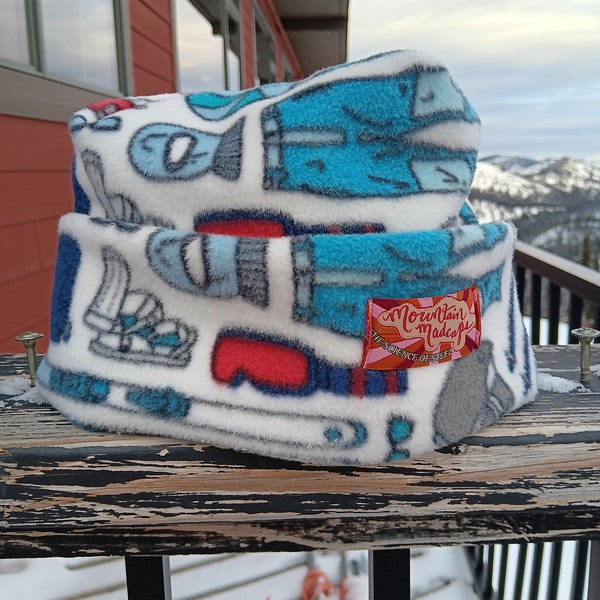 Super Cozy and Soft Retro Fleece Box Top Skier Print Beanie By Mountain Madcaps