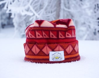 New 2023! Red and Pink Aztec Print Box Top style Cozy Four Point Beanie Handmade By Mountain Madcaps