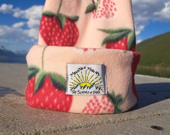 New! Strawberries print Super Cozy and Soft Retro Fleece 4 Point Beanie Handmade By Mountain Madcaps