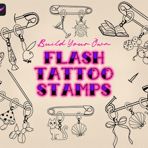 Könnte beinhalten: Ein Set mit schwarzen und weißen Flash-Tattoo-Stempeln, die jeweils ein anderes Design aufweisen. Die Stempel sind in Form von Sicherheitsnadeln gestaltet und haben verschiedene Anhänger, darunter ein Schmetterling, ein Pilz, eine Katze, eine Muschel, ein Rollschuh, ein Buch, ein Würfel und Kirschen. Der Text "Build Your Own FLASH TATTOO STAMPS" ist in rosa und lila Buchstaben geschrieben.