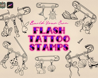 Safety Pin Charms Flash Tattoo Stamps: Procreate Brushes (Digital Download)