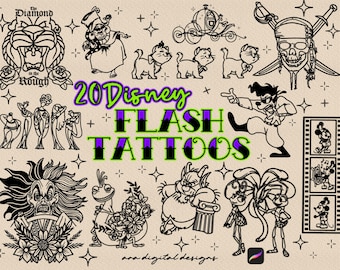 20 sellos de tatuajes Disney Flash: pinceles para tatuajes de Procreate (.brushset)