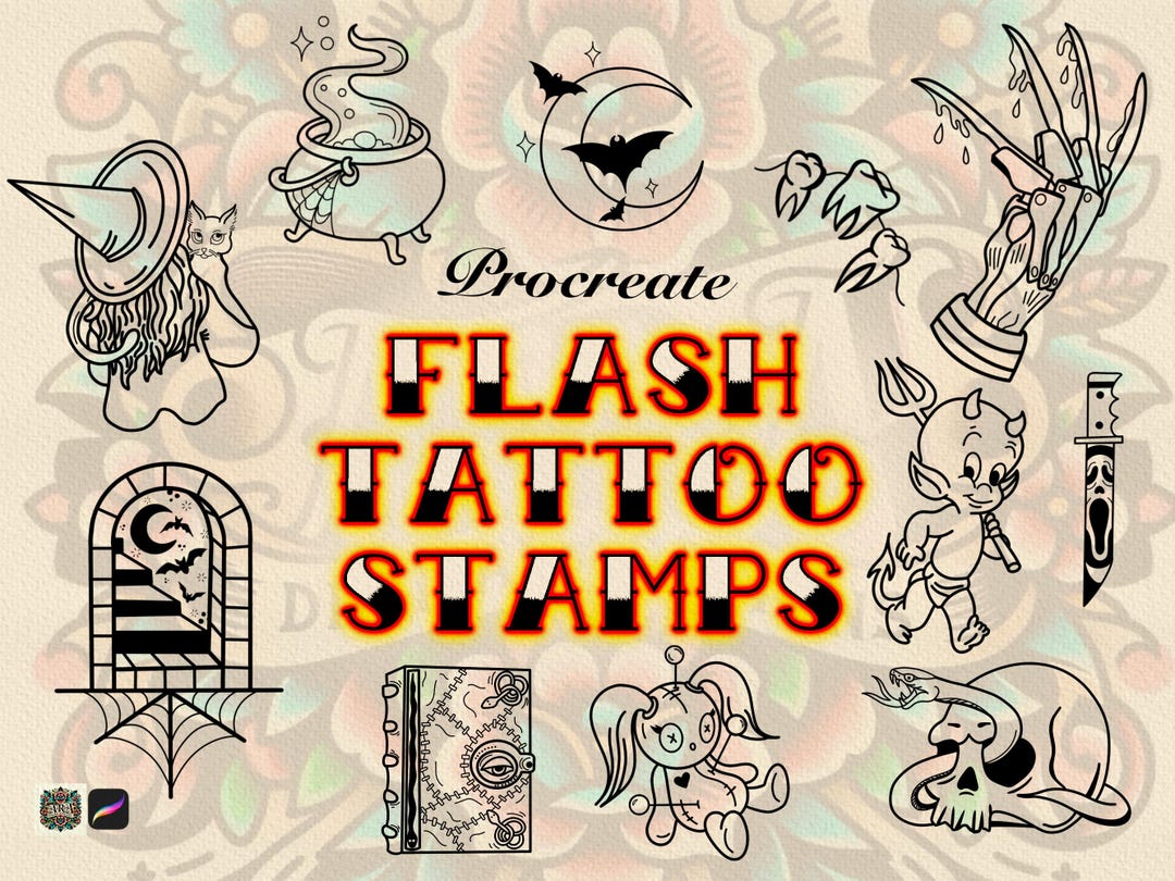 20 Halloween Flash Tattoos Stamps Procreate Tattoo Stamps Brushes - Etsy