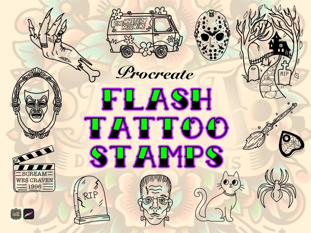 20 Halloween Flash Tattoos Stamps Procreate Tattoo Stamps Brushes - Etsy