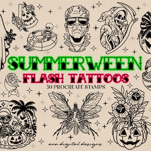 May include: Black and white flash tattoo designs with a summer and Halloween theme. The designs include a ghost, watermelon slice, skeleton, Frankenstein's monster, grim reaper, pumpkin, pineapple, rose, and more. The text "SUMMERWEEN FLASH TATTOOS" is displayed.