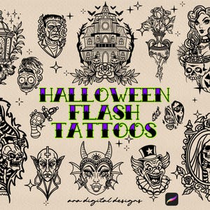 Könnte beinhalten: Schwarz-weiße Halloween-Flash-Tattoo-Designs. Die Designs umfassen ein Spukhaus, Frankensteins Monster, eine Frau mit Kürbissen und ein Skelett in einem Rahmen. Der Text "Halloween Flash Tattoos" befindet sich in der Mitte des Bildes.