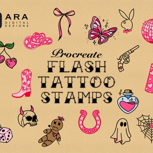 May include: A set of 15 Procreate flash tattoo stamps featuring various designs, including a skull, a horseshoe, a ghost, a spiderweb, a butterfly, a cowboy boot, a cherry, a band-aid, a lighter, a gun, a disco ball, a bottle of potion, a voodoo doll, a bow, and a cowboy hat. The stamps are in black and pink.