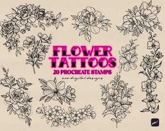 20 Floral Tattoo Stamps for Procreate: Hand-Drawn Brush Set