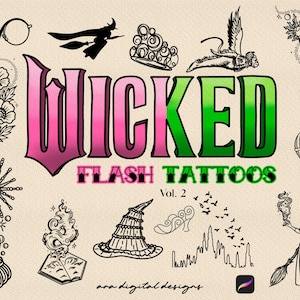 Könnte beinhalten: Digitale Illustration von "Wicked Flash Tattoos Vol. 2" mit verschiedenen schwarz-weißen Designs. Enthält eine Hexe auf einem Besen, einen Hexenhut, einen Heißluftballon und andere magische Elemente.