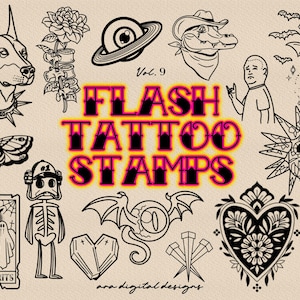 Op de afbeelding: Een set van 12 zwart-witte flash tattoo stempels. De stempels bevatten verschillende ontwerpen, waaronder een hond, een nachtvlinder, een schedel, een hart, een spook, een skelet, een vleermuis, een krokodil, een bloem en een planeet. De stempels zijn gelabeld "Vol. 9 Flash Tattoo Stamps".