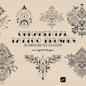 Pode incluir: Um conjunto de 30 carimbos de pincel de tatuagem ornamentais em preto e branco para Procreate. Os carimbos apresentam desenhos florais e geométricos intrincados.