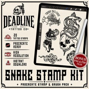 May include: A digital Procreate stamp kit titled Deadline Tattoo Co Snake Stamp Kit, featuring 20 tattoo designs including snakes, skulls, panthers, and roses. The display shows a tablet screen with black line art illustrations and a stylus.