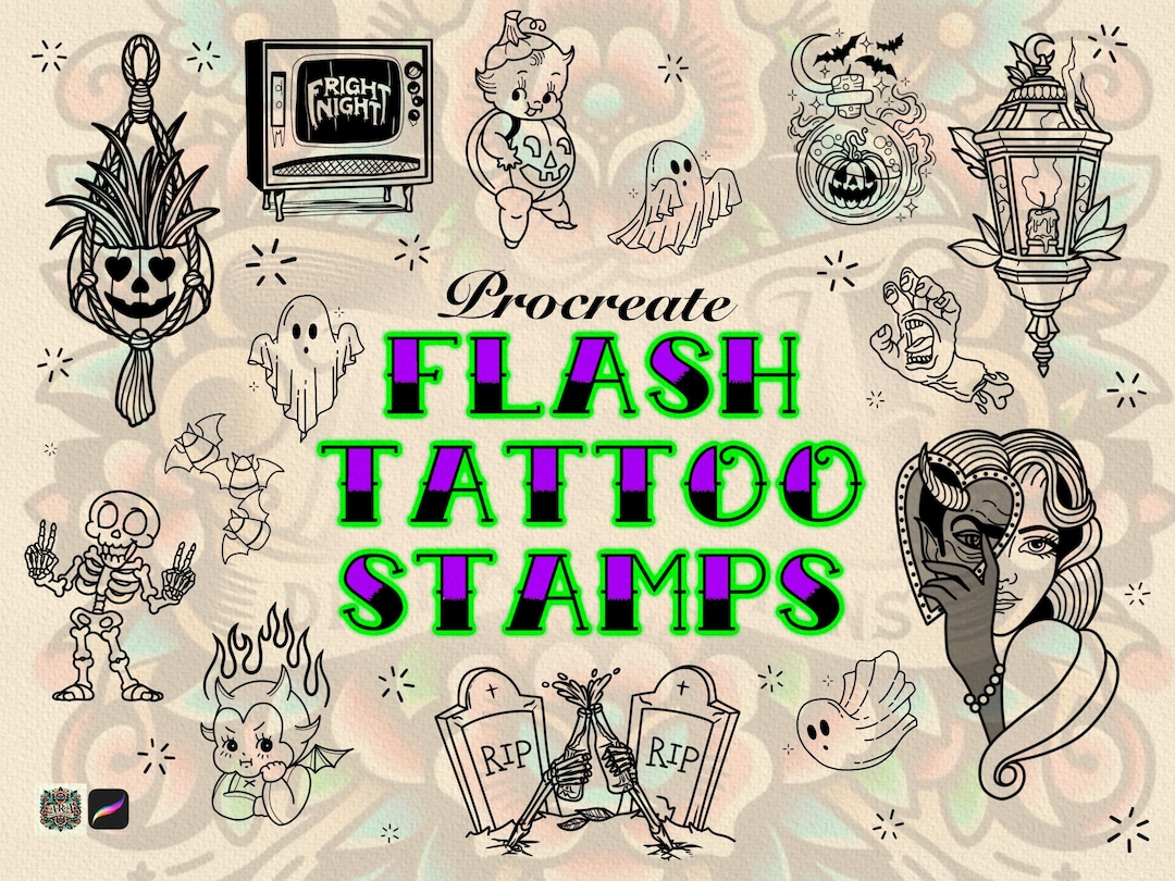 25 Halloween Flash Tattoos Spooky Stamps Procreate Tattoo Stamps ...