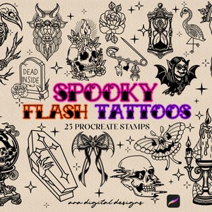 May include: A collection of 25 spooky flash tattoo designs in black and white, including a raven skeleton, skull, coffin, and bat. The words "Spooky Flash Tattoos" are displayed in a vibrant, multi-colored font.