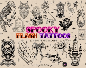 May include: A collection of 25 spooky flash tattoo designs in black and white, including a raven skeleton, skull, coffin, and bat. The words "Spooky Flash Tattoos" are displayed in a vibrant, multi-colored font.