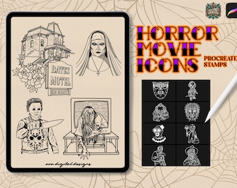 May include: A digital illustration set of horror movie icons for Procreate. The icons include a nun, a house, a killer, a mask, a TV, a butterfly, a clown, a creature, a man with a hook, and a man with a mask. The icons are in black and white.