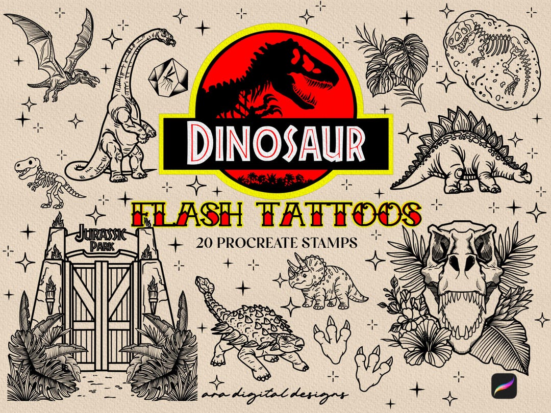 Dinosaur Flash Tattoo Stamps: 20 Procreate Brushes (digital Download ...