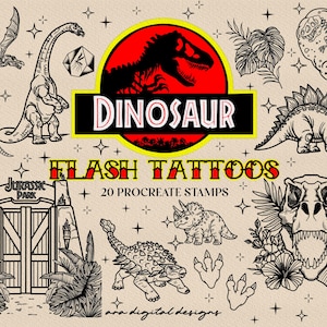 May include: A collection of dinosaur-themed flash tattoos. The design includes various dinosaurs, the Jurassic Park logo, and the words "Dinosaur Flash Tattoos" and "20 Procreate Stamps". The illustrations are in black and white.