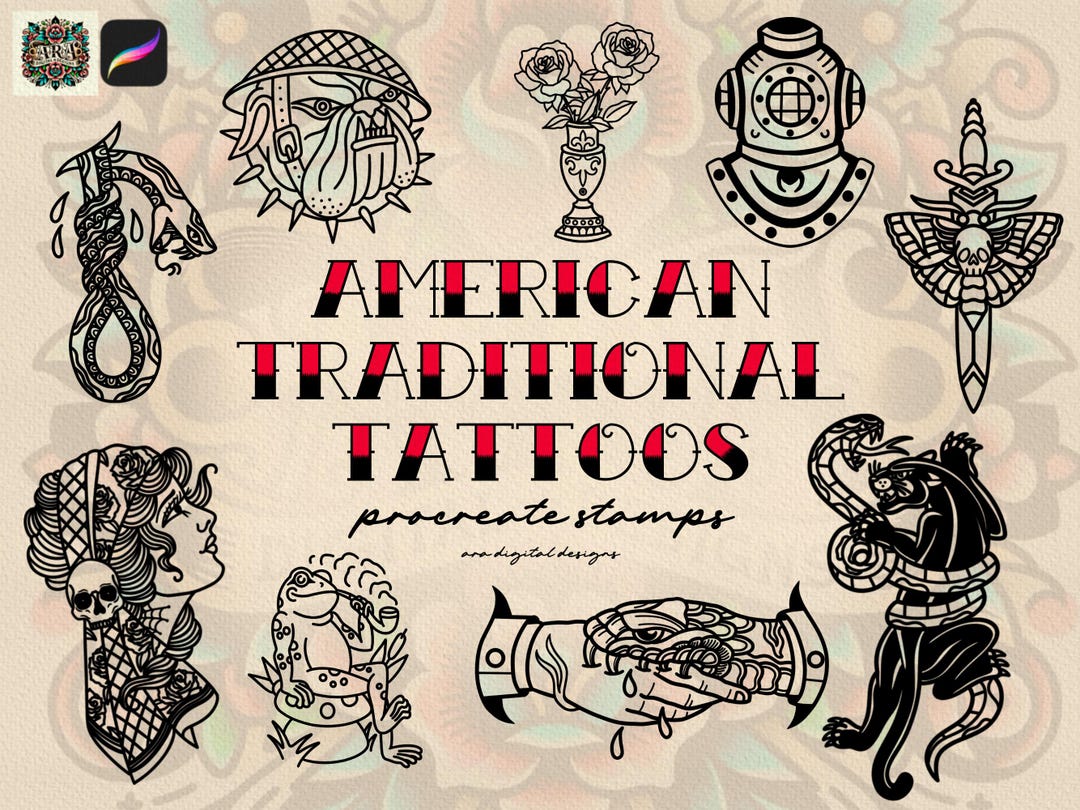20 American Traditional Tattoo Stamp Brushes for Procreate - Etsy
