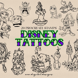 Peut inclure: Un ensemble de 20 tampons Procreate représentant des personnages Disney dans un style de dessin au trait. L'image comprend des personnages comme Mickey Mouse et Olaf, avec le texte "DISNEY TATTOOS" en vert et violet.
