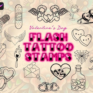 Puede incluir: Colección de sellos de tatuajes flash de San Valentín en blanco y negro. Los diseños incluyen corazones, alas, una tirita, una pastilla, una copa de vino, esposas, una llave y más. El texto "FLASH TATTOO STAMPS" es rosa.