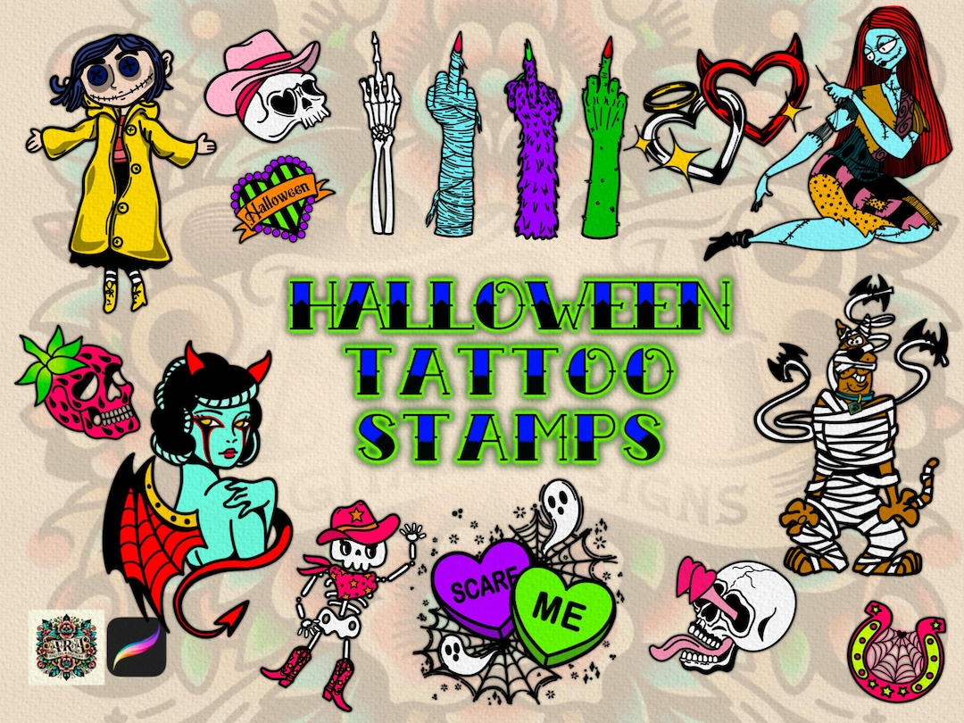 35 Halloween Flash Tattoos Stamps Procreate Tattoo Stamps Brushes - Etsy