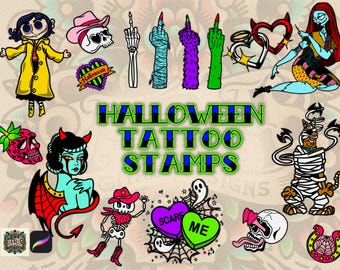 35 tampons de tatouage flash Halloween Procreate pinceaux de tampons de tatouage
