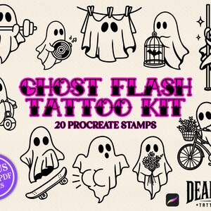 Puede incluir: Una colección digital de 20 ilustraciones de fantasmas en blanco y negro titulada GHOST FLASH TATTOO KIT 20 PROCREATE STAMPS. Los gráficos muestran fantasmas realizando diversas actividades como levantar pesas, montar en bicicleta y andar en patineta.