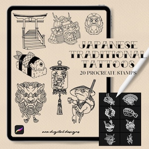 May include: A set of 20 Japanese traditional tattoo designs for Procreate. The designs include a samurai helmet, a lantern, a sushi roll, a frog, and a demon mask. The designs are black and white and are perfect for creating custom tattoos.