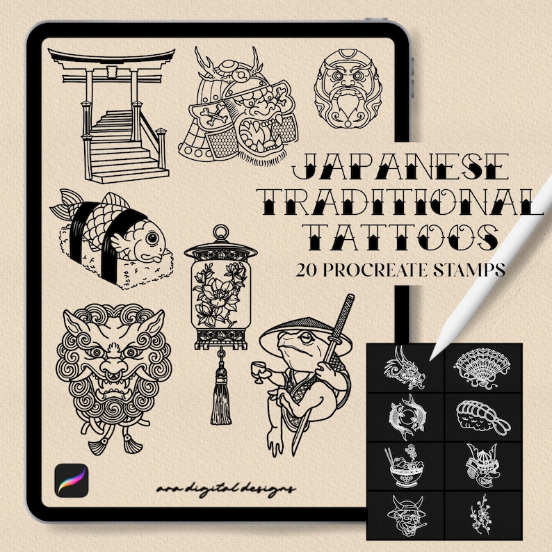 20 Japanese Traditional Tattoo Stamp Brushes for Procreate - Etsy