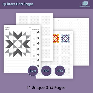 May include: A set of 14 printable quilt grid pages for quilters. The pages feature different grid patterns, including square, hexagon, and diamond grids. The pages are designed to help quilters plan and create their quilt designs.