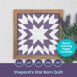 May include: A framed purple and white geometric star barn quilt pattern. The quilt is in a wooden frame and has a bonus coloring page included.