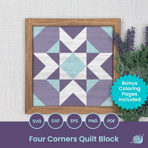 May include: A framed quilt block pattern with a four-pointed star design in white, light blue, and purple. The text "Bonus Coloring Pages Included" is on a blue starburst sticker.
