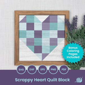 Puede incluir: Una descarga digital de un patrón de bloque de colcha de corazón desgarrado en azul verdoso y morado. El patrón incluye archivos SVG, DXF, EPS, PNG y PDF. Se incluyen páginas para colorear adicionales.